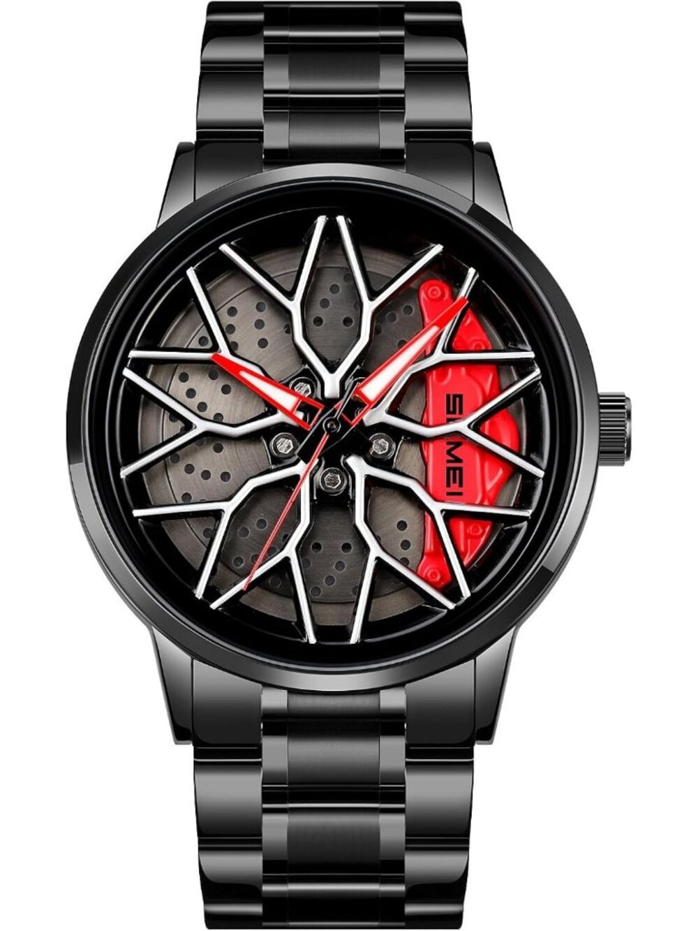 Men's Red 3D Spinning Car Wheel Rotating Stainless Steel Strap Wrist Watch